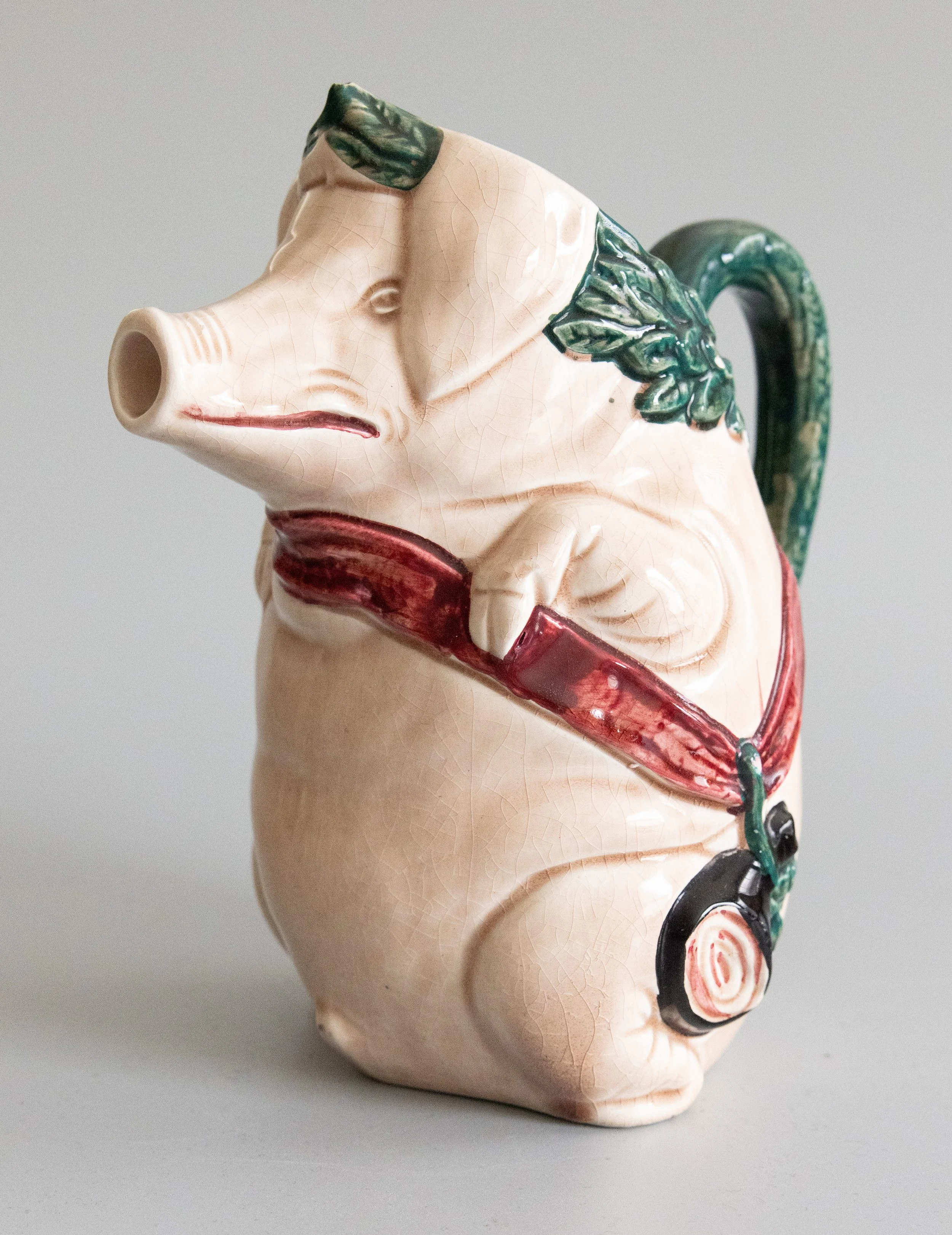 Antique Early 20th Century French Orchies Majolica Pig Pitcher