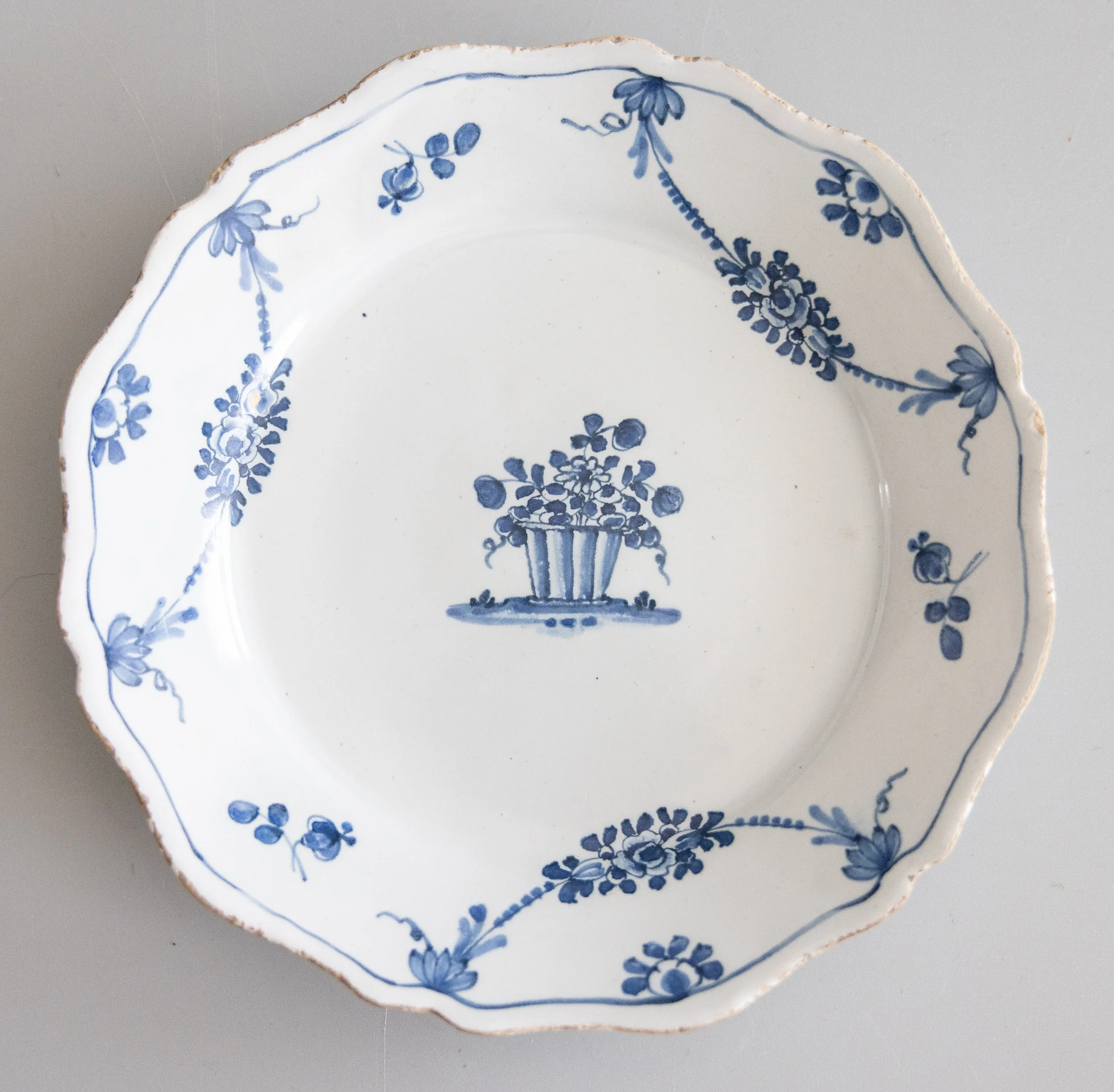 18th Century French Nevers Blue & White Faience Scalloped Floral Plate
