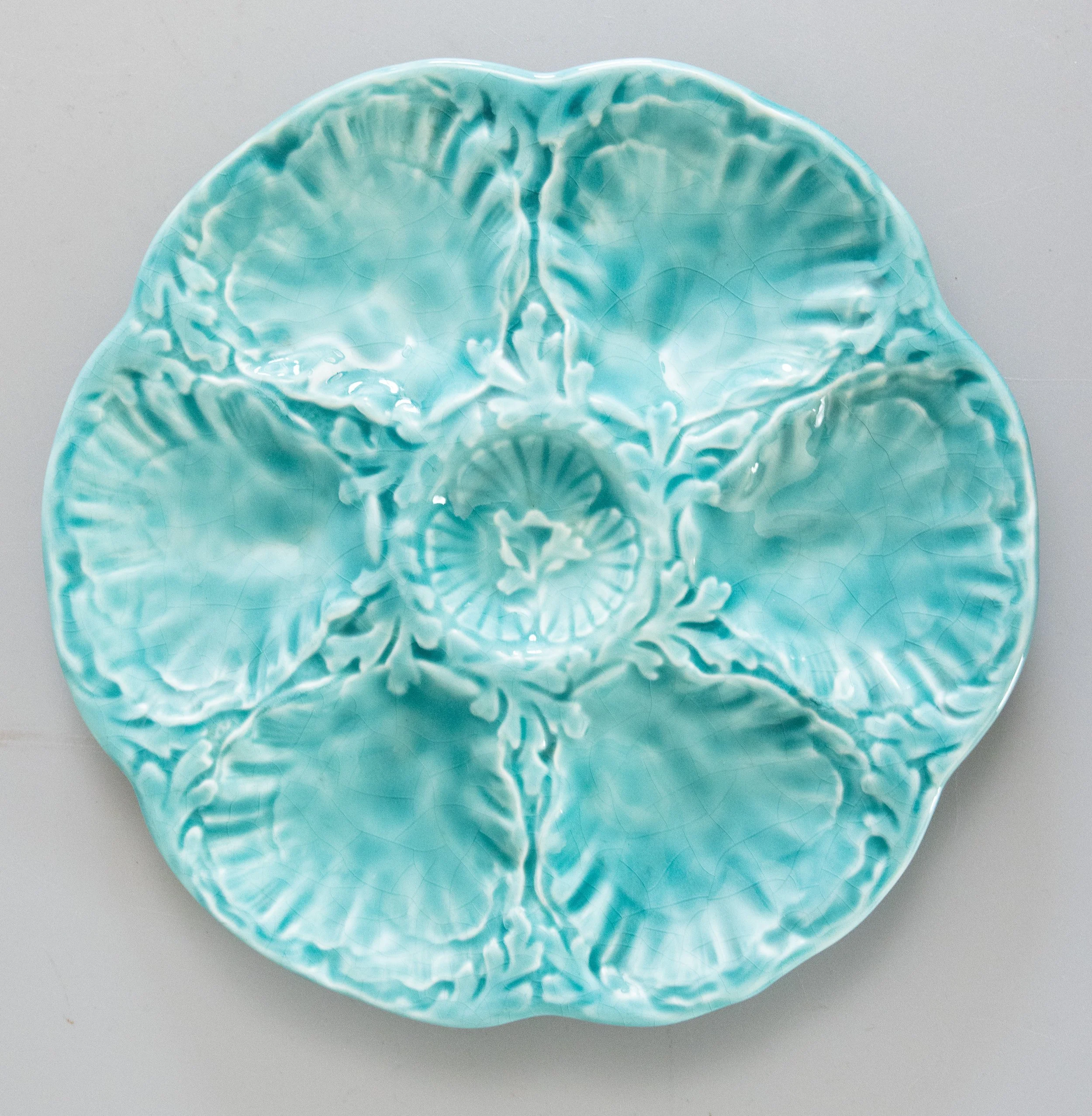 Vintage French Gien Turquoise Majolica Oyster Plate