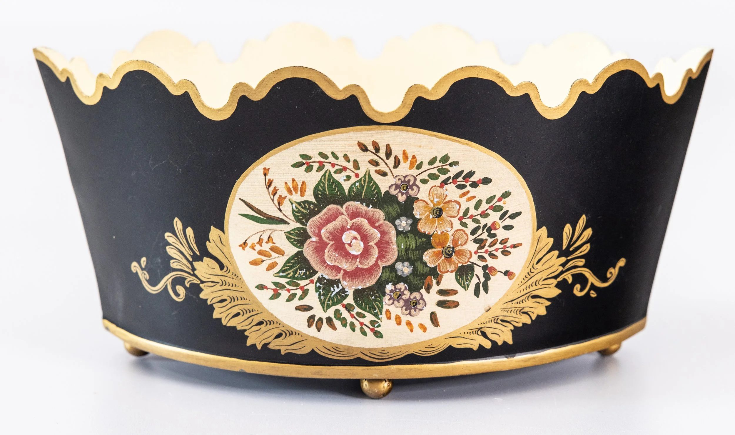 Vintage Italian Black and Gilt Tole Floral Jardiniere Cachepot