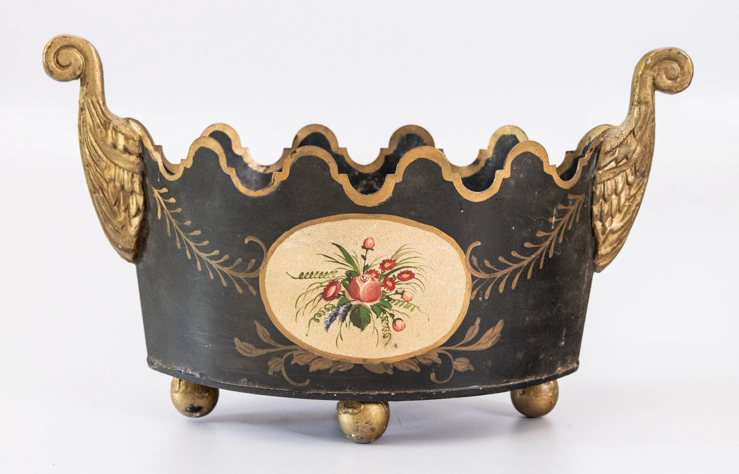 Antique Neoclassical French Tole Black and Gilt Cache Pot Jardiniere