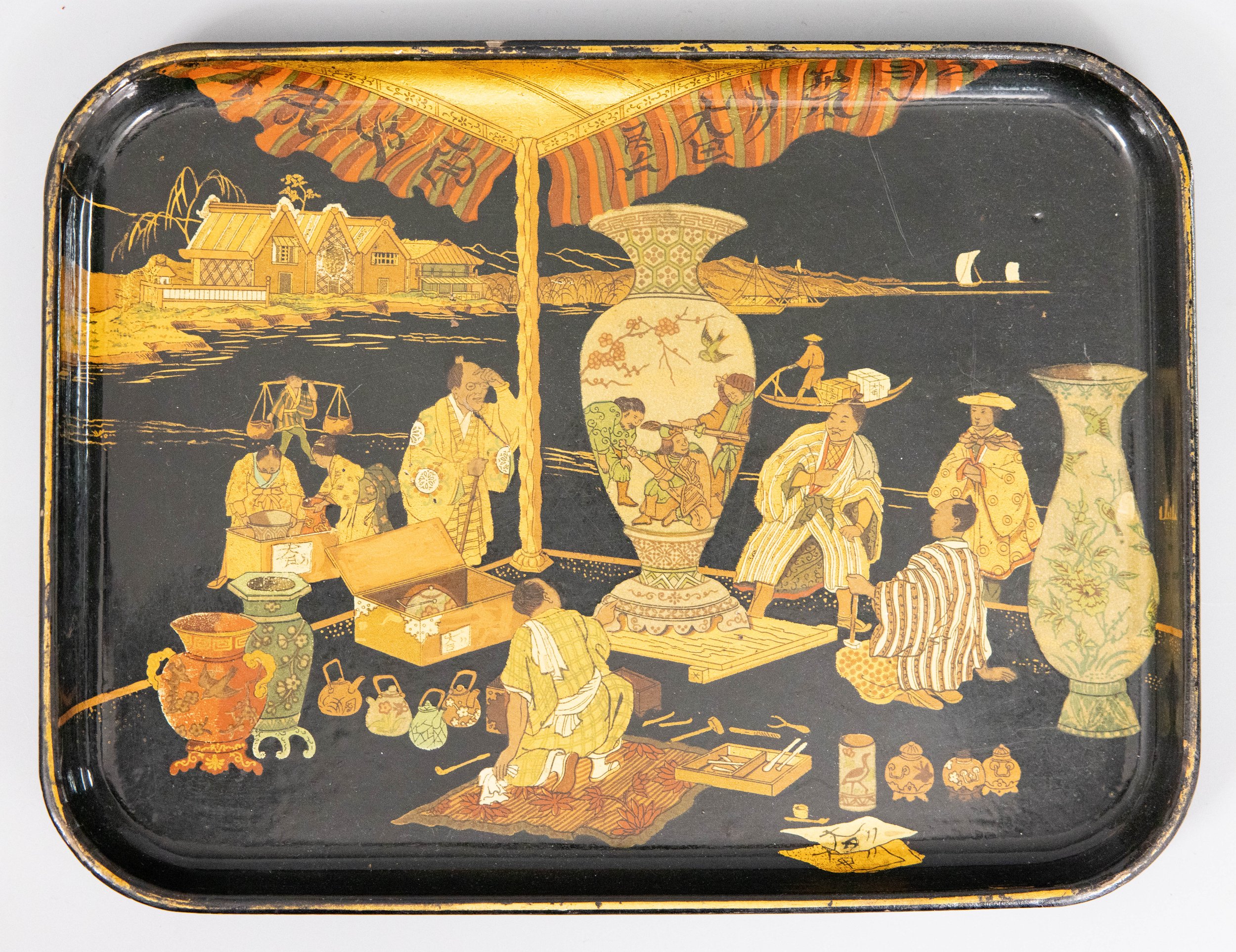 Antique 19th Century English Papier Mache Chinoiserie Tray