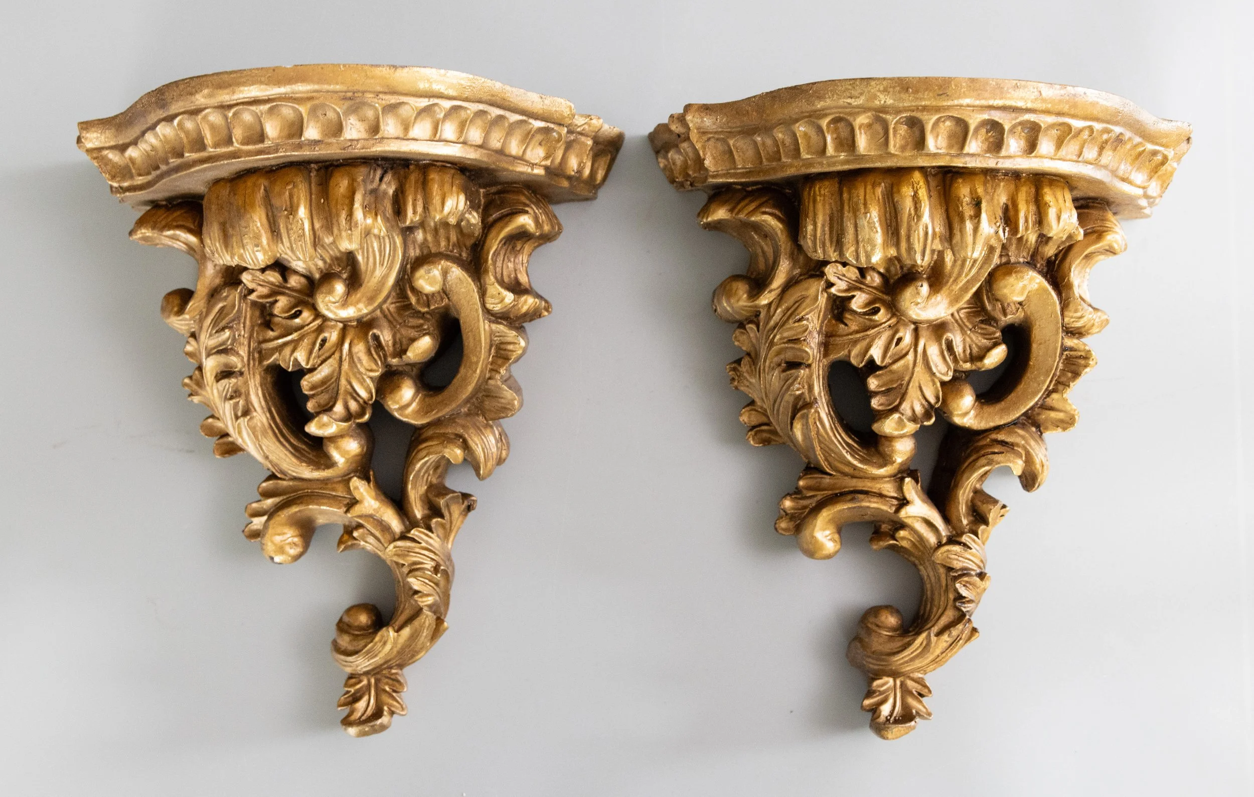 Vintage Rococo Style Italian Gilt Wall Brackets Shelves, a Pair