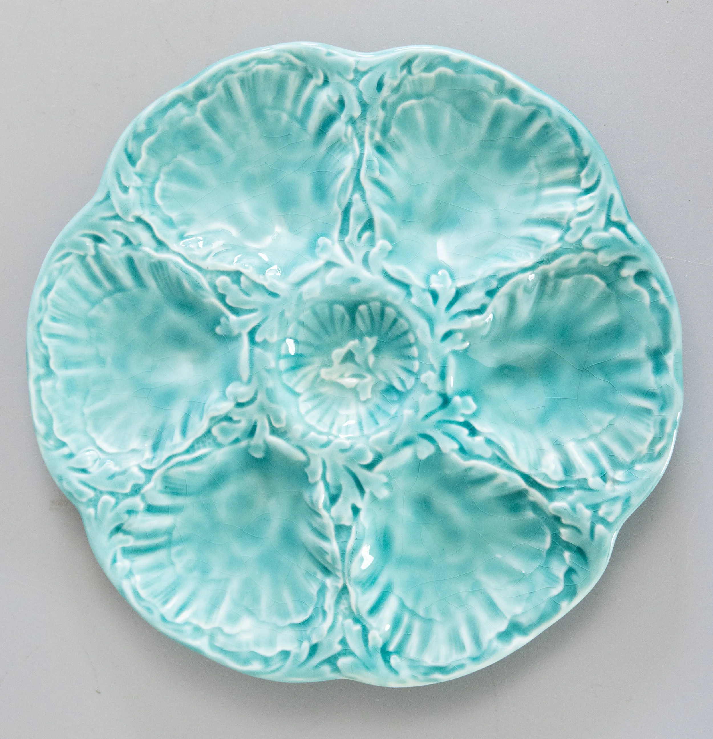Vintage French Gien Turquoise Majolica Oyster Plate