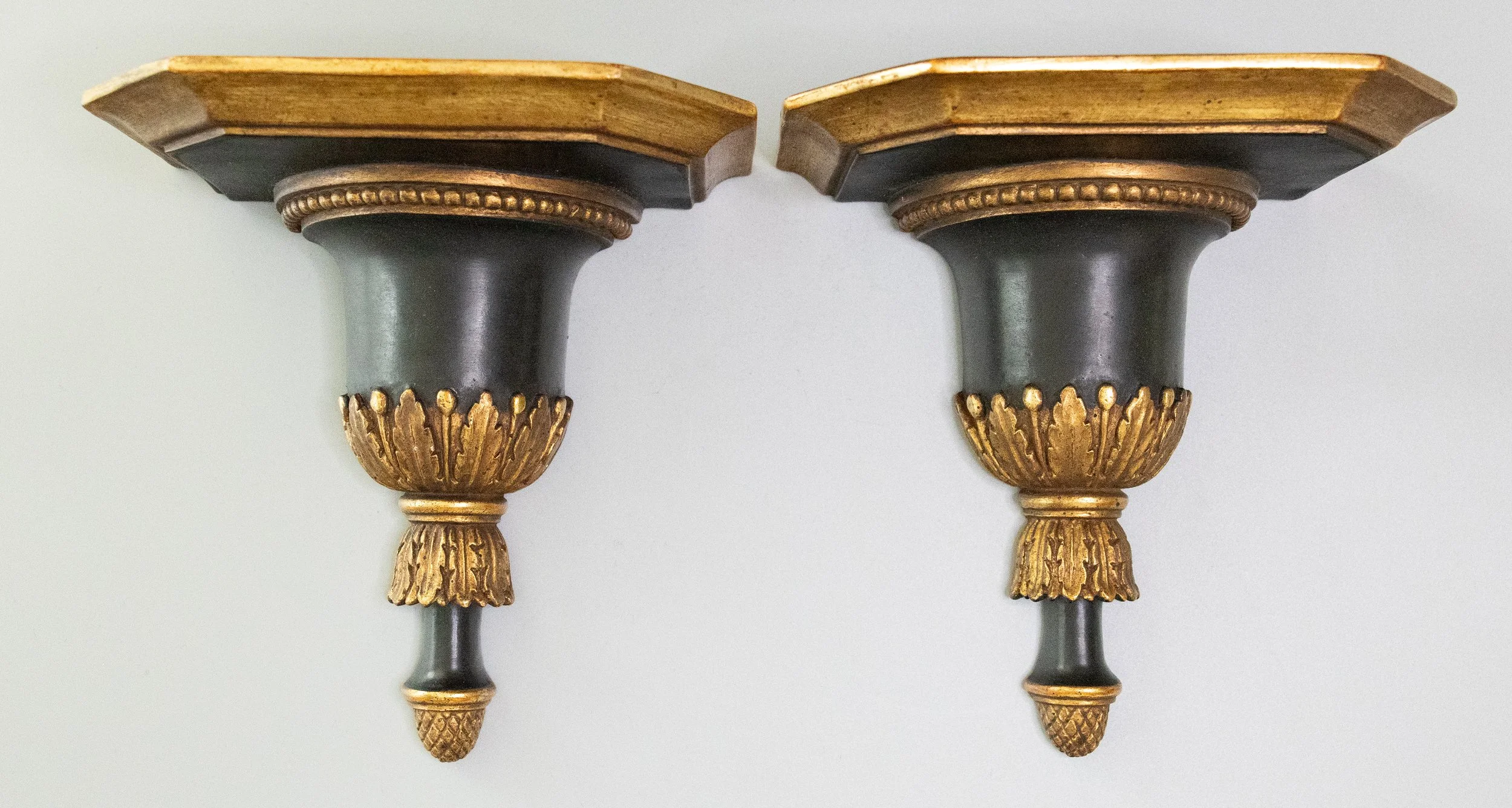 Mid-Century Neoclassical Italian Black & Gold Gilt Brackets Shelves, a Pair