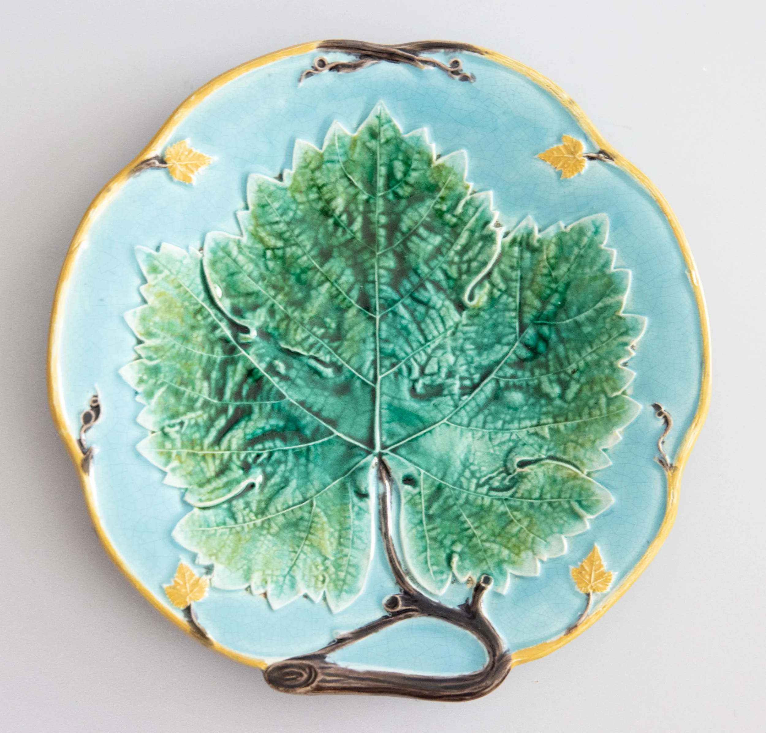 Antique English Joseph Holdcroft Turquoise Majolica Green Leaf Plate, Circa 1880
