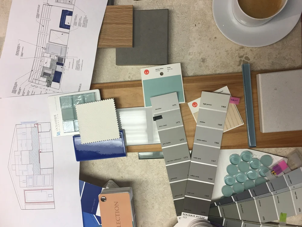 Some of the inspiration materials, colors, and textures I used to design the new spaces.