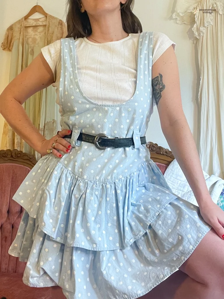 1980s Blue Polka Dot Ruffle Dress