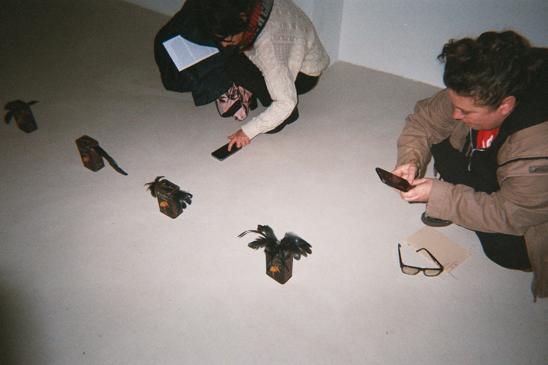 Two people are sitting on the floor, photographing an art installation of feathered sculptures.