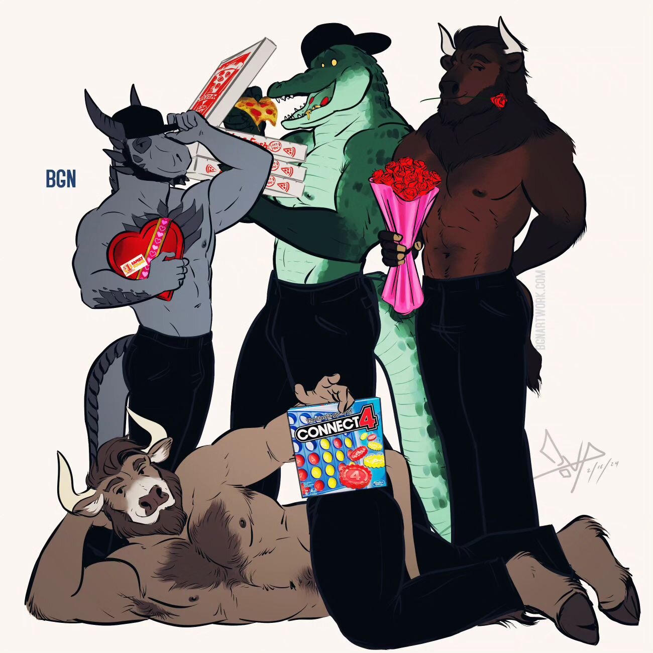 💖Uh oh! Did you forget it was Valentine's Day? Need a last minute date? Guys to your door in 30 minutes or less! 💖  #anthro #bull #crocodile #bull #bison #anthroart