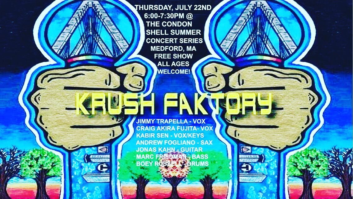 Krush Faktory show alert! Join us in Medford TODAY around 6pm at the Condon Shell (2501 Mystic Valley Parkway) for an outdoor, all ages, free show! The weather looks beautiful and we look forward to playing some tunes for the people 👊🏼 @krushfaktor