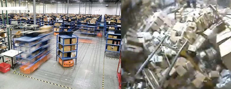 Clean robotically assisted warehouse compared to one in disarray.