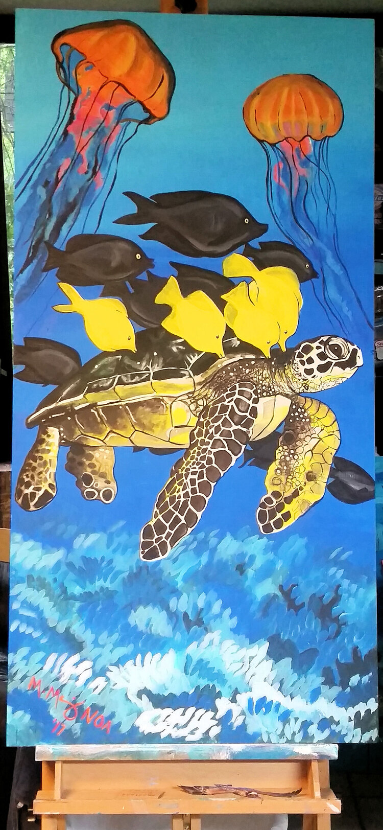 Noa, Michelle. Sea Turtles and Jellyfish. Acrylic on Wood (2016). Photo courtesy of Michelle Noa.