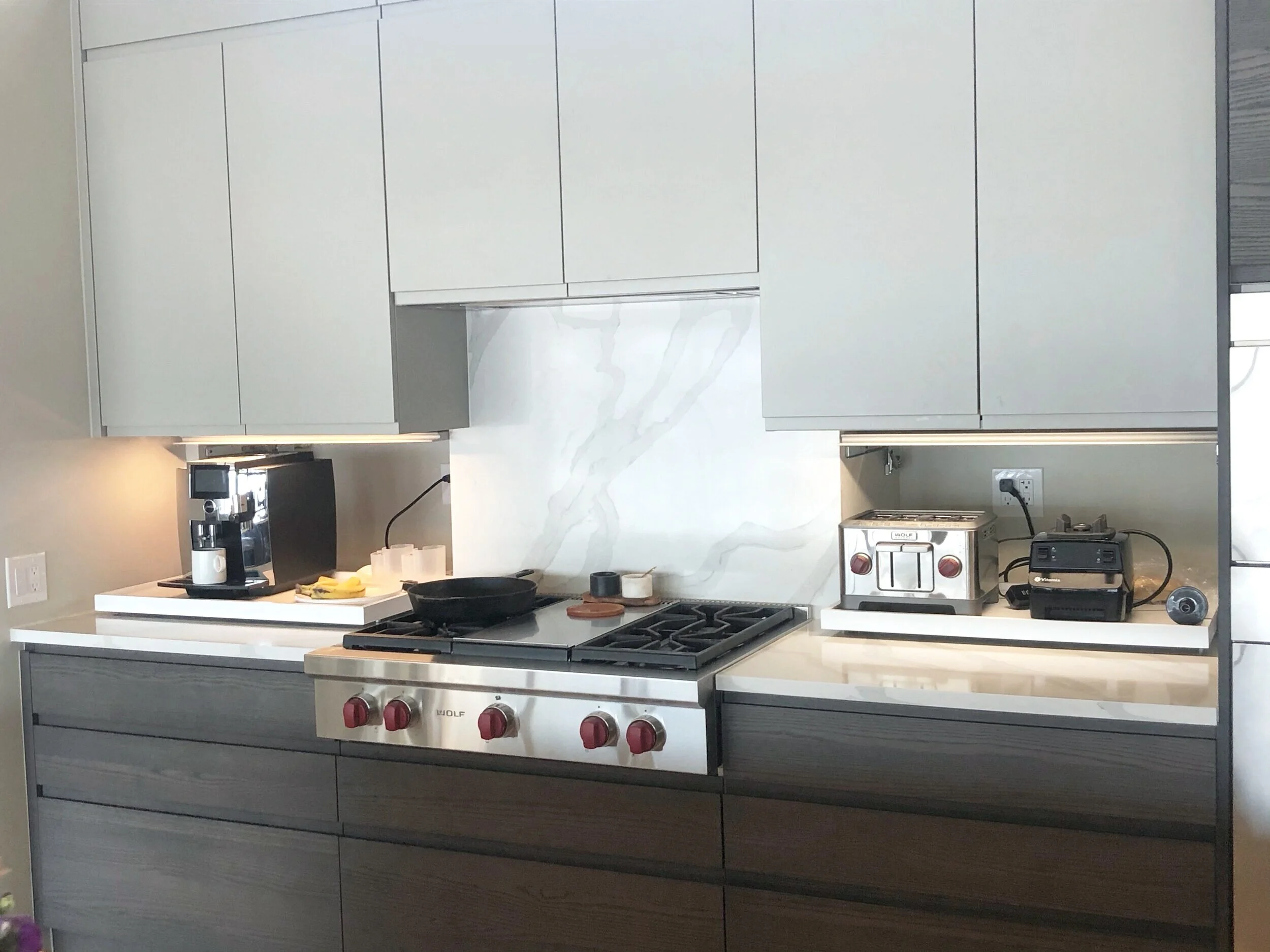  Custom Appliance Niche - with opened retracting doors and extended appliance trays  