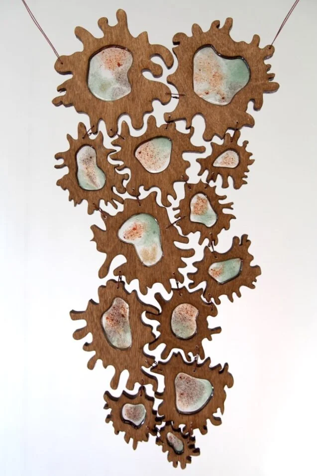 Morel mushroom, cross-section, wood, resin, wire, 17x8”