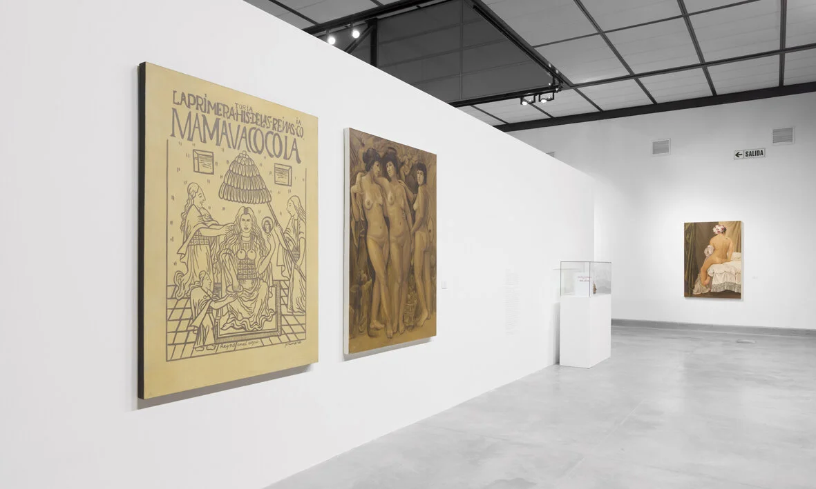 Díptico Mama Huaco - Apres Huamán Poma y Las Tres Gracias - Apres, Rubens. El primer cuadro por Susana Torres, el segundo por Claudia Coca. Piezas de la exposición Peruvian Beauty: Centro de Estéticas de Torres y Coca, 2004.