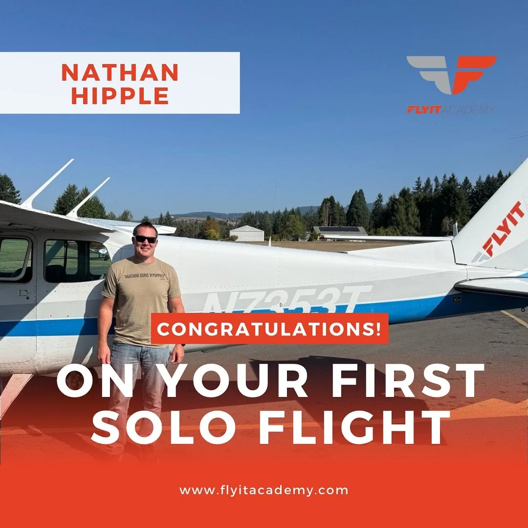 Big congratulations to Nathan Hipple on his first solo flight! 
There&rsquo;s nothing like that first time flying completely on your own.
Nathan, your hard work and dedication paid off, and the whole FLYIT family is proud of you!