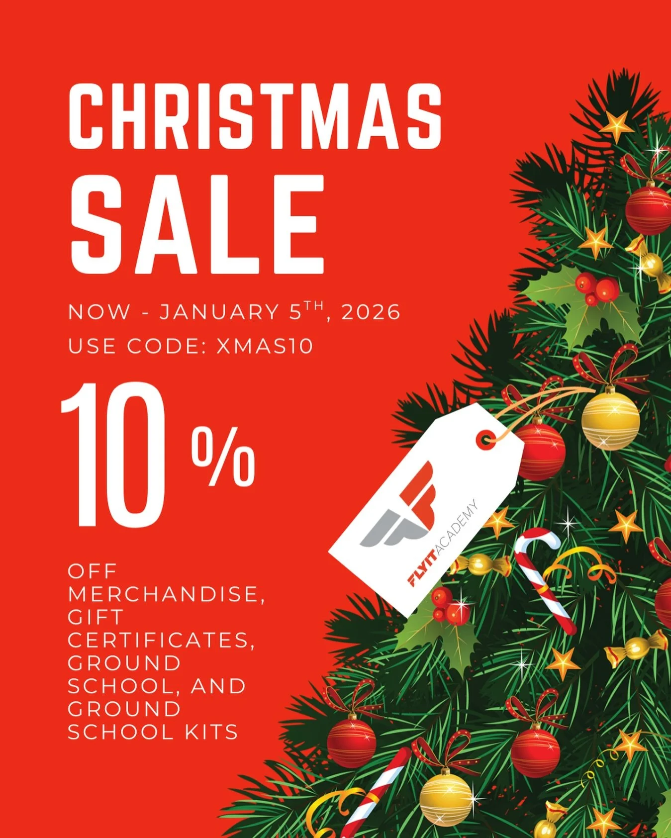 Give the gift of flight this year with 10 percent off at FLYIT Academy.
Gift certificates, merchandise, ground school, and school kits are all included.

Perfect for future pilots, current students, or anyone who has aviation on their wish list.

Off