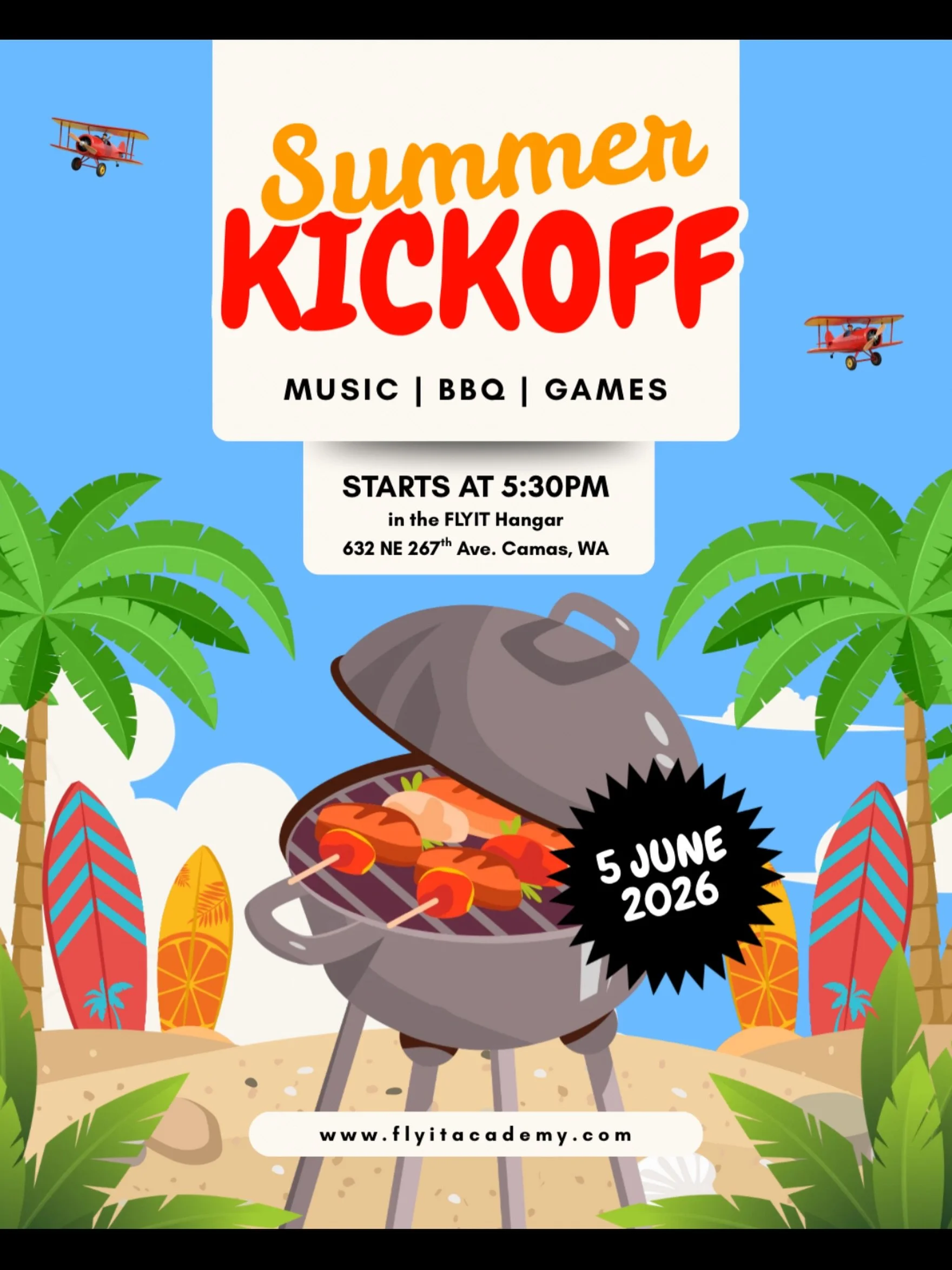 FLYIT Summer Kickoff 2026!

The sun is out, the grill is fired up, and it&rsquo;s time to kick off summer with the entire FLYIT family! 

Join us Friday, June 5th, 2026 at the FLYIT Hangar for an evening of music, BBQ, games, and great company. Wheth