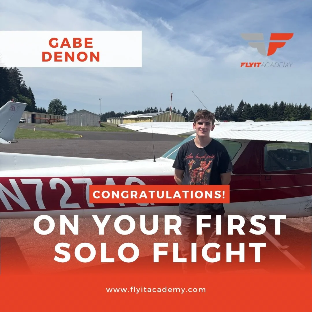 Congratulations to Gabe Denon on his first solo flight! 

Taking the controls alone for the first time is a moment every pilot remembers. Keep up the hard work and dedication!
