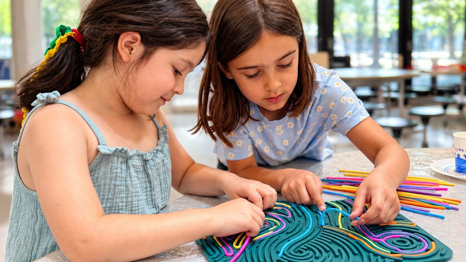 Two girls making colourful artwork together at a table; an edited GymLab Camps photograph.