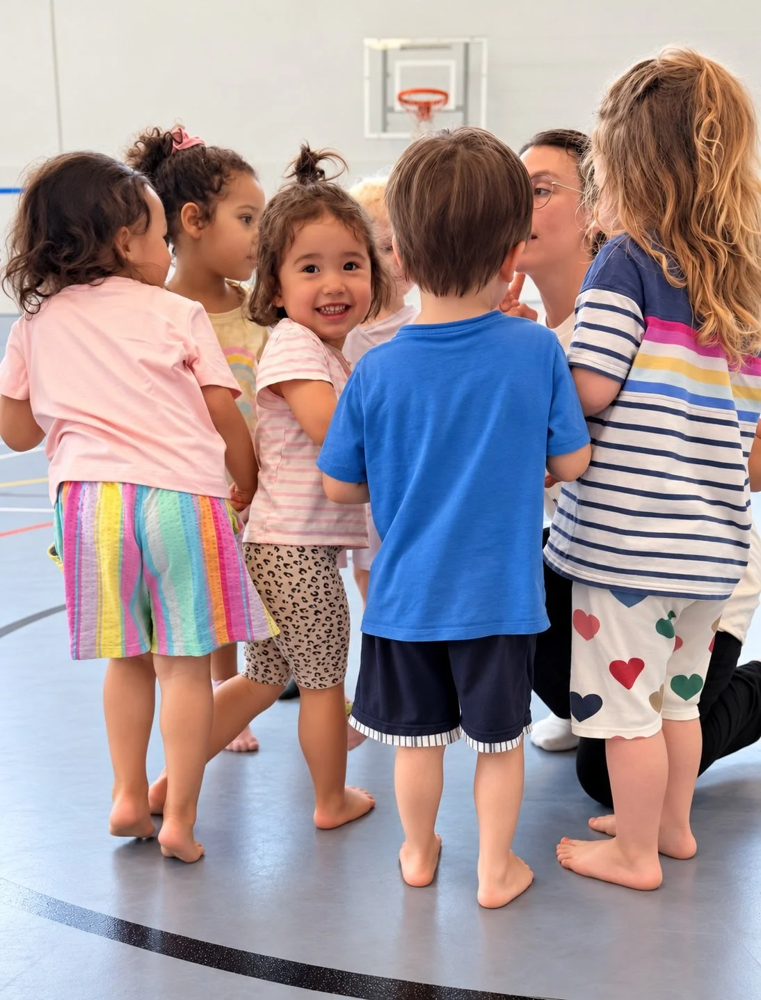Young children gather close together in the gym; one girl looks at the camera and smiles; an edited GymLab photograph.