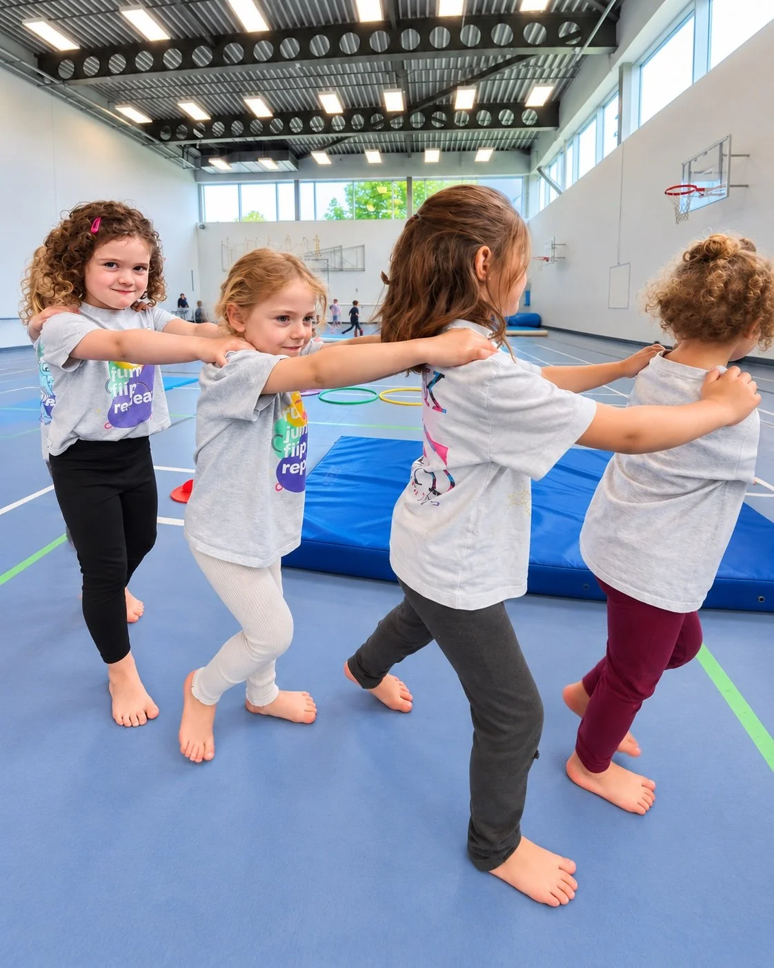 Girls in GymLab T-shirts walk in a line, each with her hands on the shoulders of the girl in front; an edited GymLab photograph.