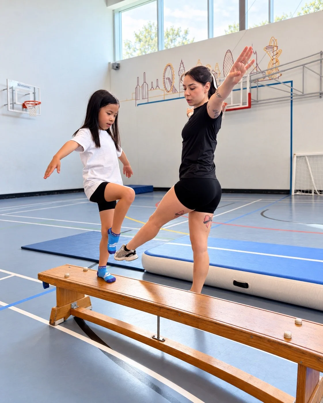 A girl balances on a bench with one knee raised while the coach beside her shows the same balance; an edited GymLab photograph.