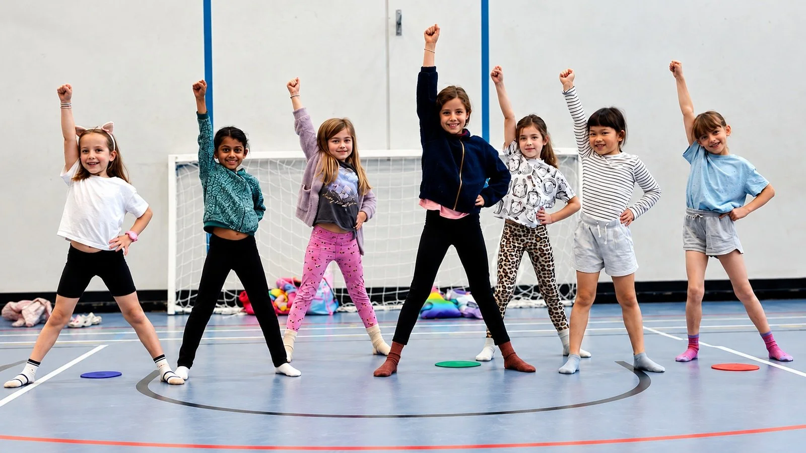 A group of children with their arms raised in the gym; an edited GymLab photograph.