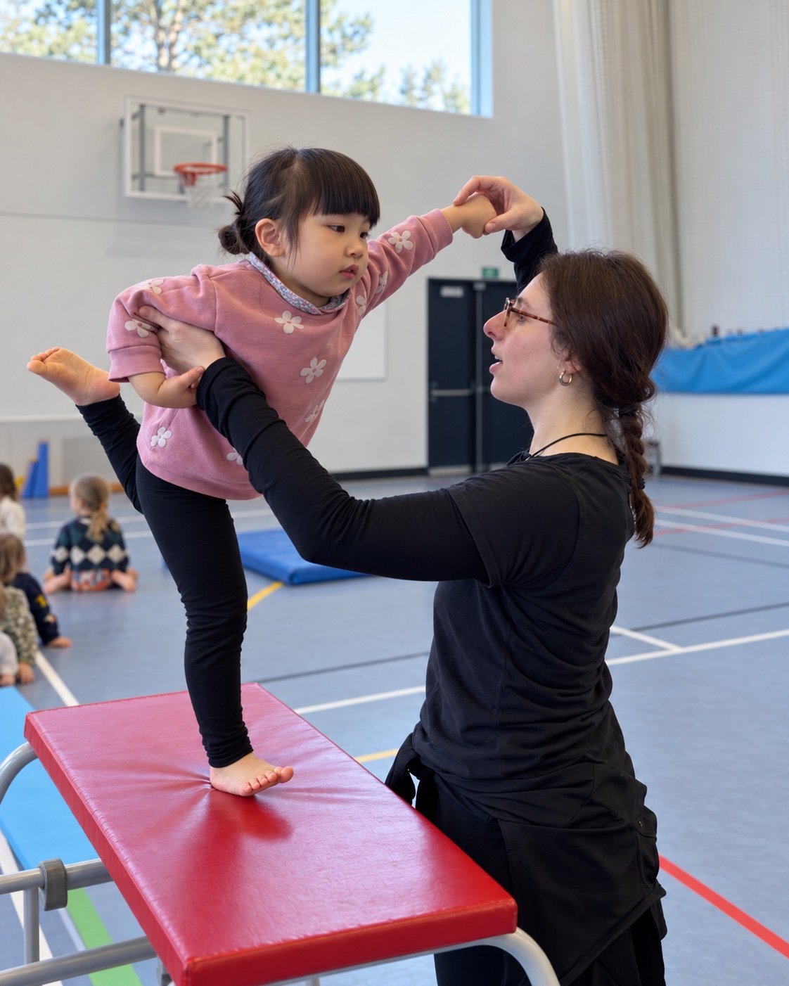 A coach holds a girl's hand and back as she balances on one leg on a red box; an edited GymLab photograph.