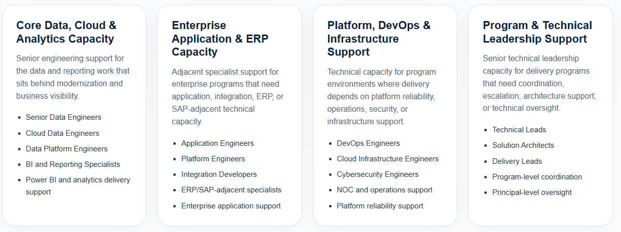 A webpage displaying four columns of text describing various technical roles and support areas for enterprise and cloud services, including data analytics, ERP capacity, platform support, and leadership support.