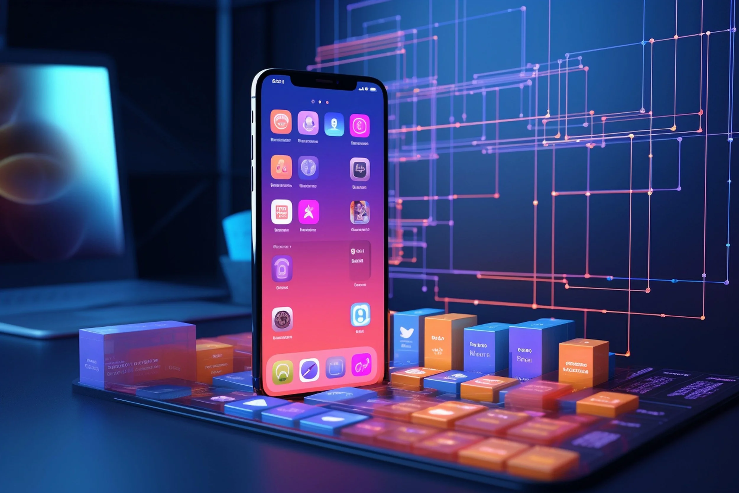 A smartphone displaying app icons, placed on a digital display with colorful 3D bar graphs and a background of neon-colored circuit lines.