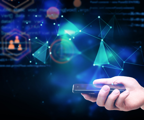 A person's hand holding a smartphone with a digital network and abstract geometric shapes floating in the background.