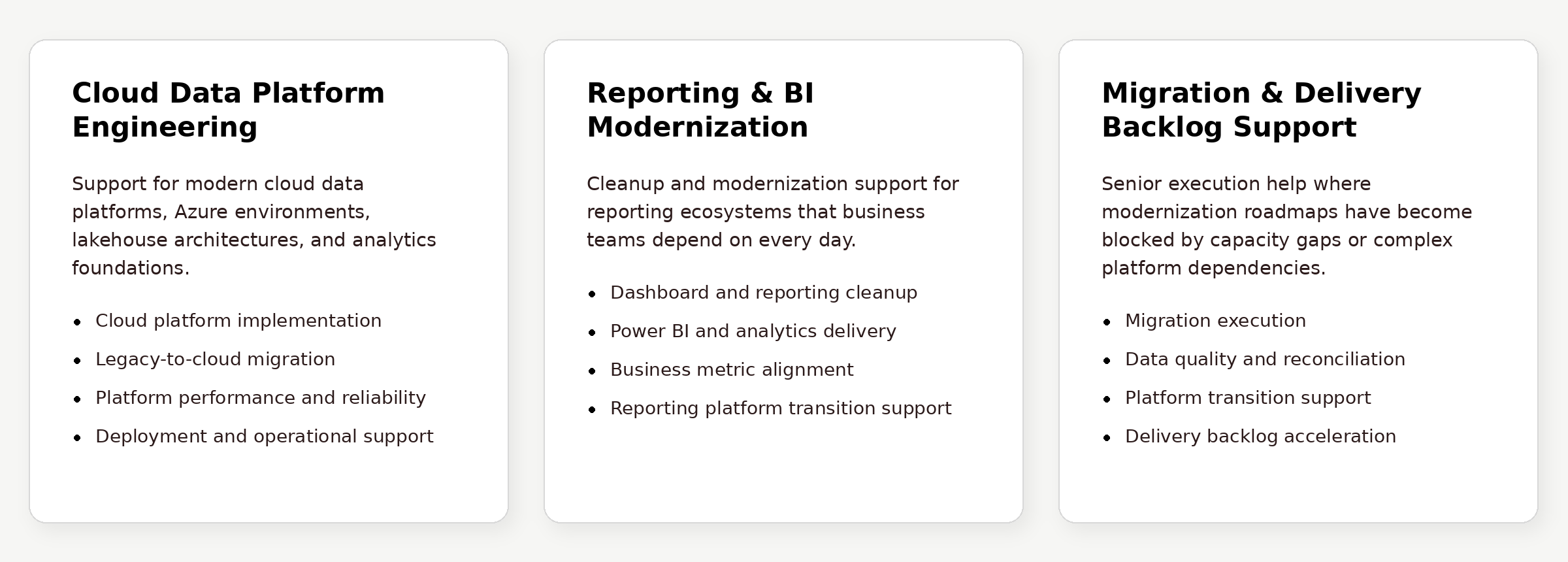 Scalar Solutions cloud data platform engineering, reporting and BI modernization, and migration delivery backlog support