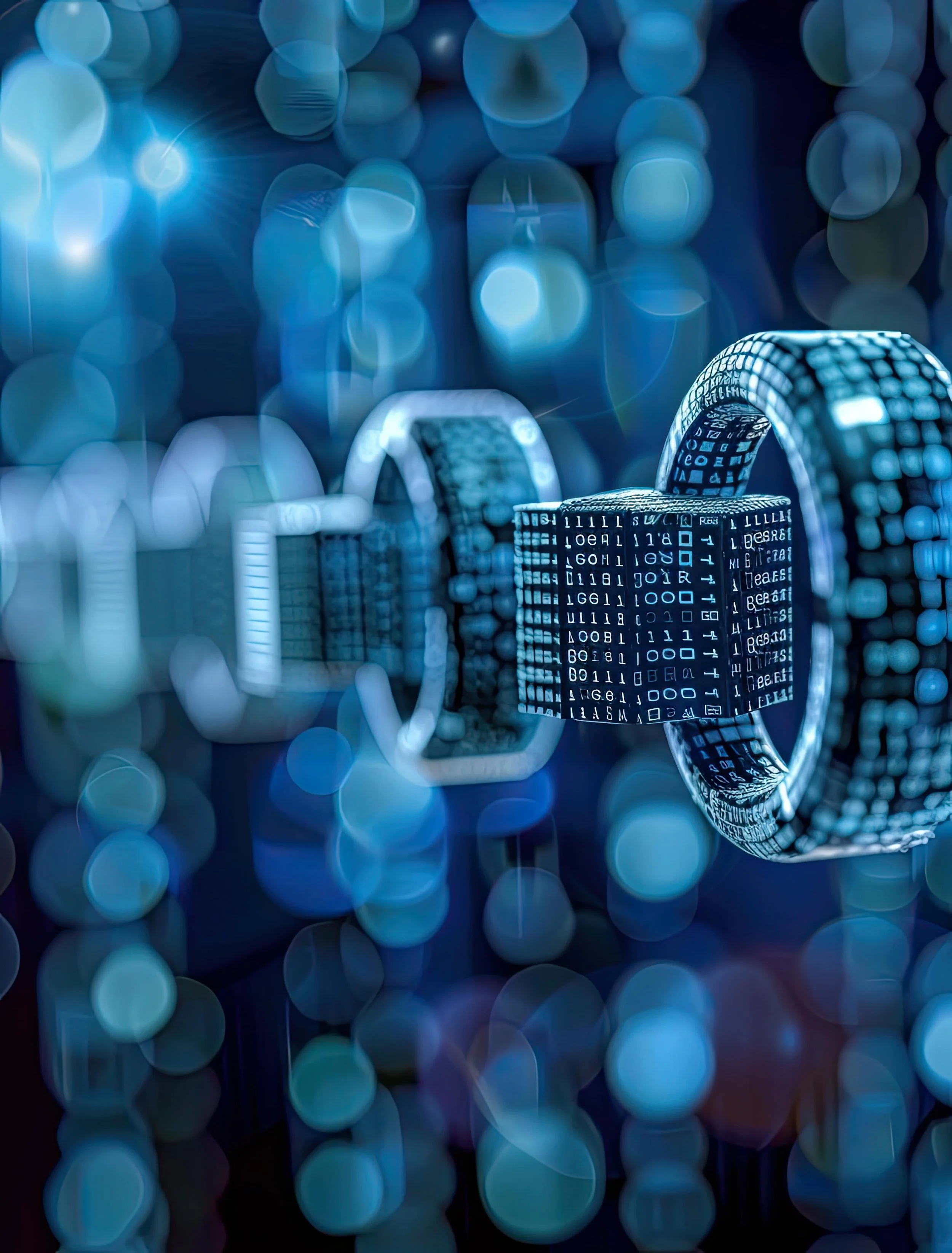 A digital image of a padlock with binary code on it, symbolizing cybersecurity or digital security, with a blurred background of blue circular lights or bokeh effects.