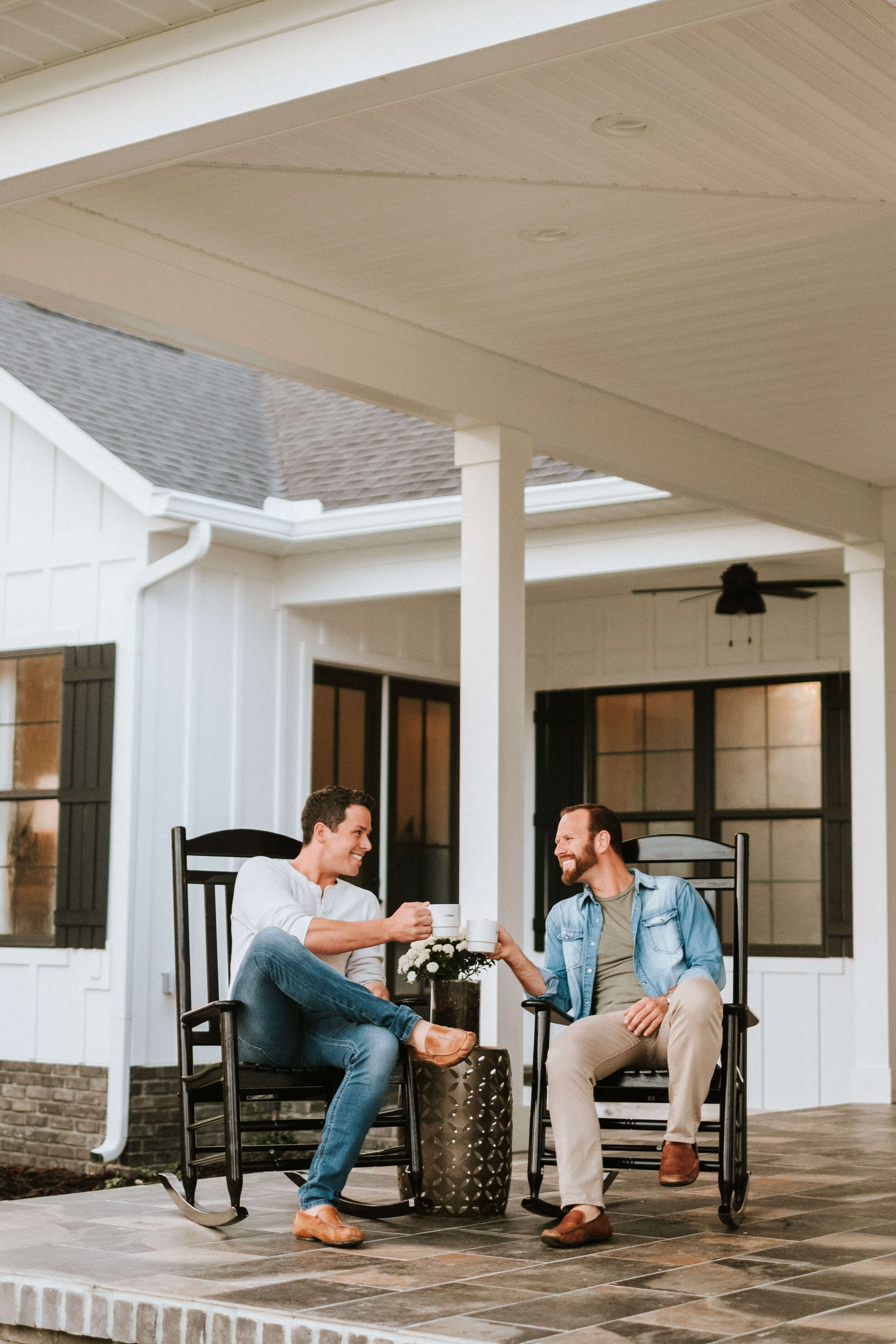 Jason and Tim styled on a porch