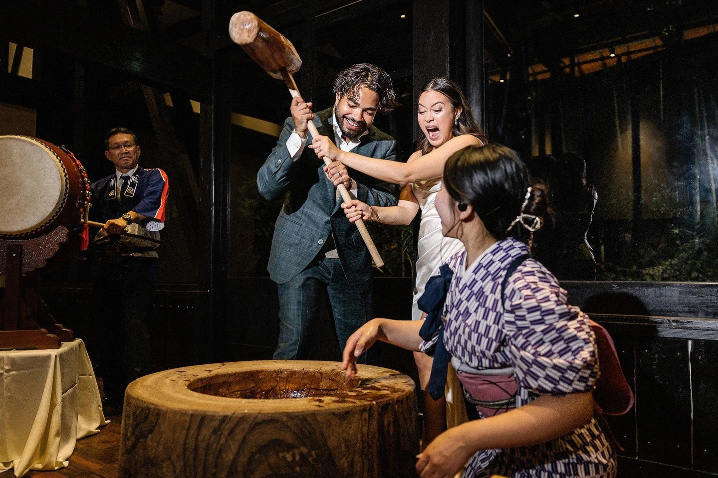 Mochitsuki at a wedding is one of those things that sounds like a cultural activity until you're actually doing it. Then it's just chaos and laughter and two people swinging a wooden mallet while their guests count the rhythm.⁠
⁠
The tradition is sim