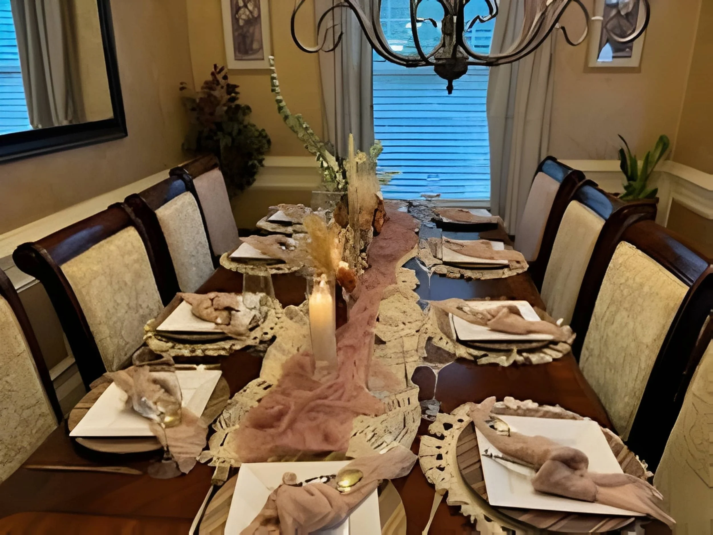 Dining table styled with organic textures, layered chargers, candles, and neutral fabric accents