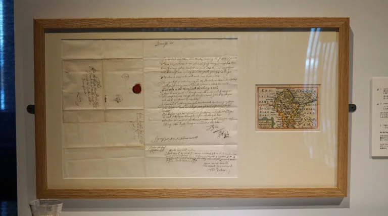 Image 3: Viola Odorata installation – letter (1673) and map of Staffordshire (1666)