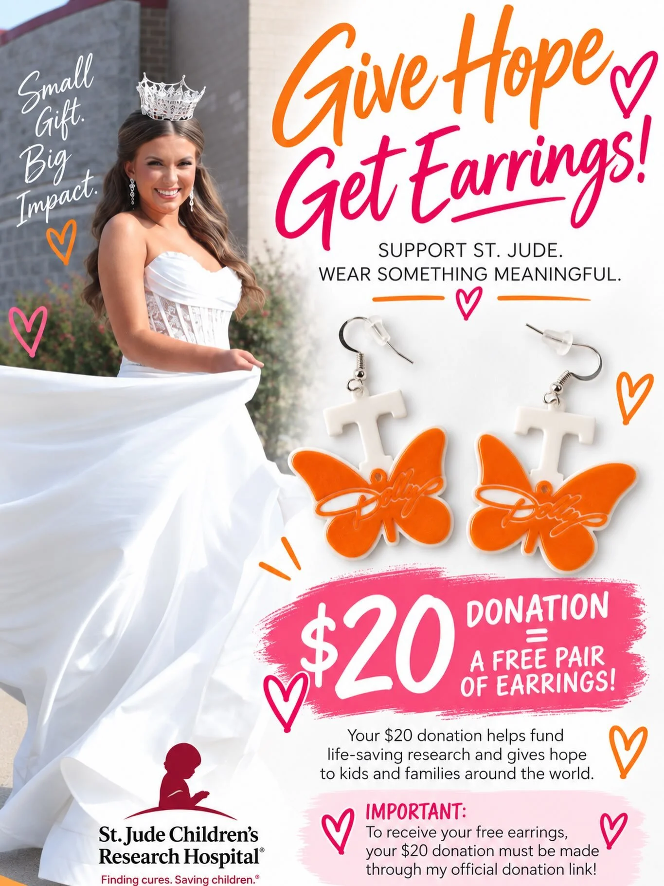 Give Hope, Get Earrings! I&rsquo;m so excited about this fun way to support the kids of St. Jude! For every $20 donation, you&rsquo;ll receive a FREE pair of these adorable Dolly earrings! Shoutout to @3d_printed_sign_art for allowing me to use their
