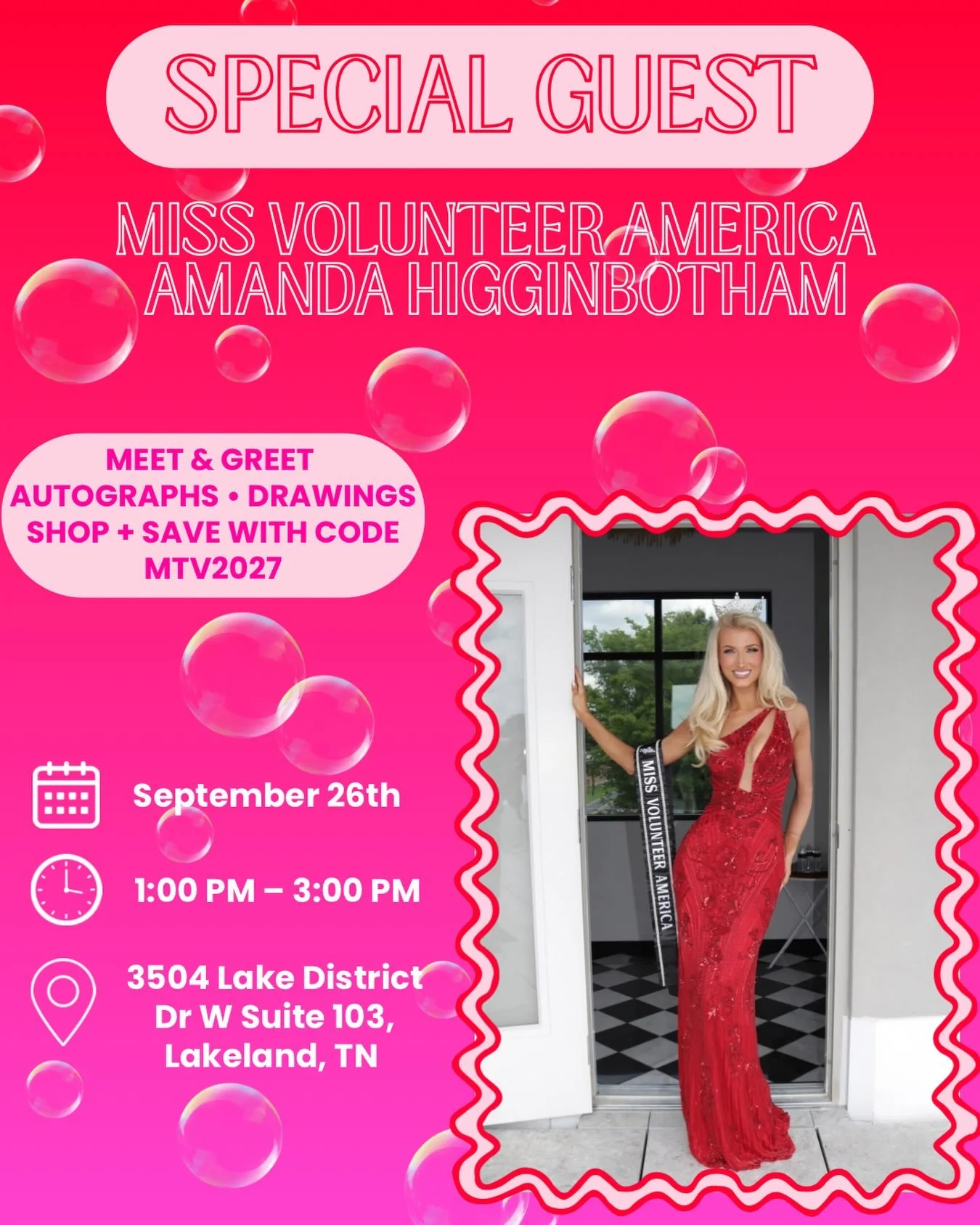 I am so excited to announce that our very own Amanda Higginbotham, Miss Volunteer America will be joining us this afternoon!! We can&rsquo;t wait to see everyone!!🫧&hearts;️🩷

#MissTNVol #MVA #TheSoapFactory #SponsorShoutout #Volunteerspirit