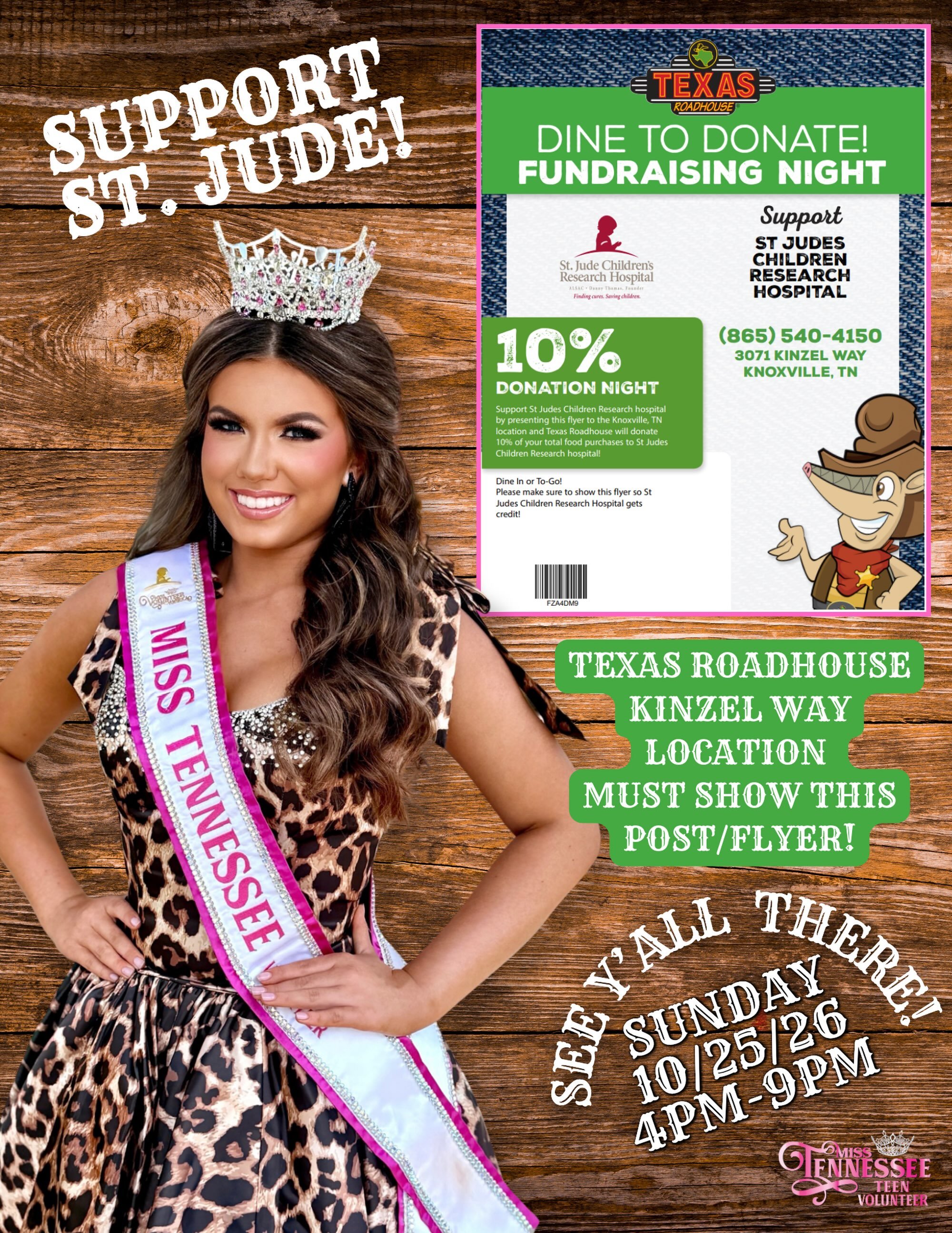 🤠Y&rsquo;all come eat for a cause! Join me at Texas Roadhouse on Kinzel Way on Sunday, October 25 from 4&ndash;9 PM and help me support St. Jude Children&rsquo;s Research Hospital! Show this post or flyer when you dine in or order To-Go, and 10% of 