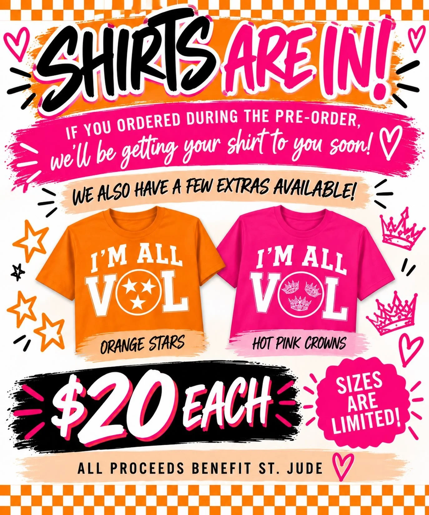 🧡🩷 SHIRTS ARE IN! 🩷🧡

If you ordered during the pre-order, we&rsquo;ll be getting your shirt to you soon! 🎉

We also have a few extras available in a few sizes for $20 each:

Orange w/ Stars - Adult Small, Adult Medium, Adult Large
Hot Pink w/ C