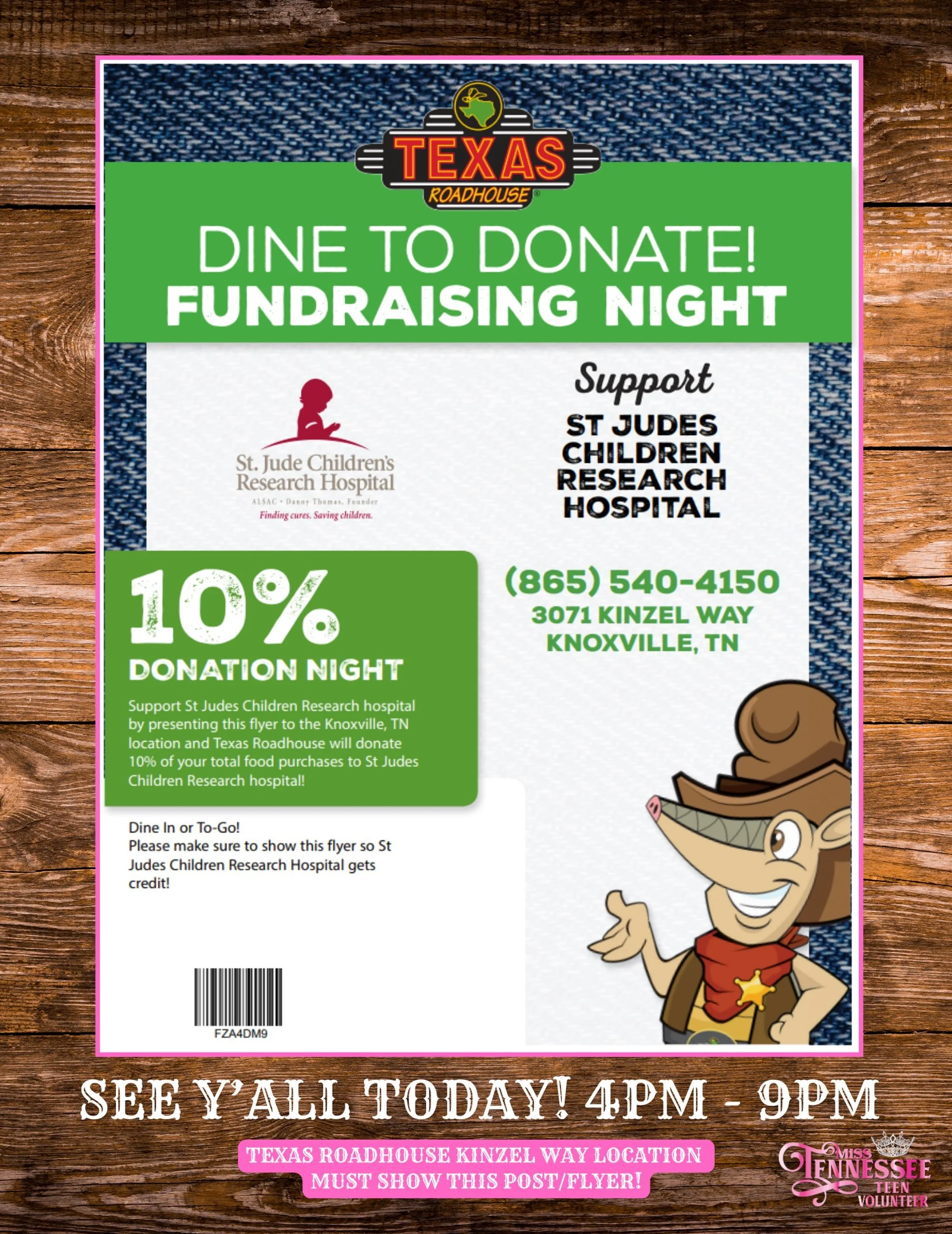 TODAY IS THE DAY! Skip cooking and come eat some rolls for a good cause! Join me at Texas Roadhouse on Kinzel Way from 4&ndash;9 PM TONIGHT to support St. Jude! You MUST show this flyer for your purchase to count! See ya real soon! 🤩