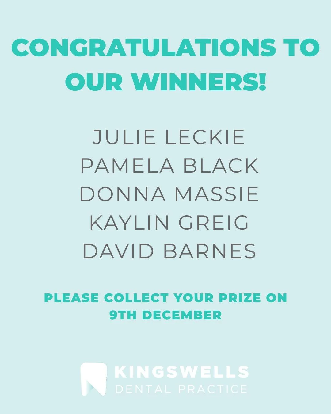 A huge congratulations to our electric toothbrush giveaway winners! 🎉🦷
Julie Leckie, Pamela Black, Donna Massie, Kaylin Greig &amp; David Barnes! We can&rsquo;t wait to see you on 9th December to collect your prizes.

Thank you to everyone who ente