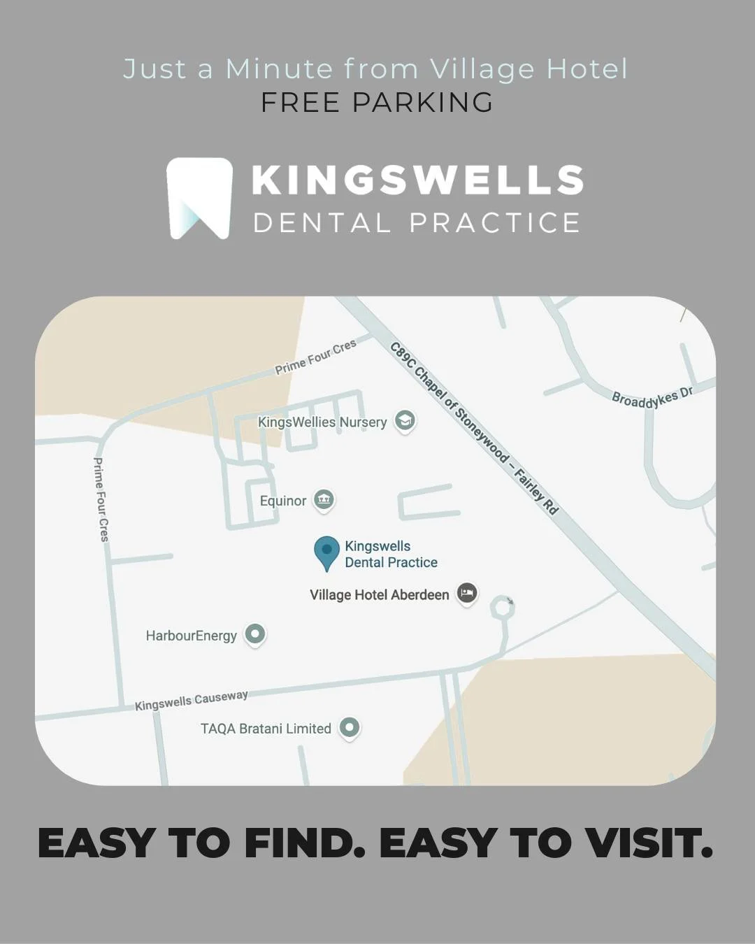 Did you know we&rsquo;re just a short walk from the Village Hotel?
Whether you&rsquo;re local to Kingswells or visiting Prime Four, we&rsquo;re easy to find and ready to welcome you.

NHS &amp; private patients welcome your new dental home is closer 