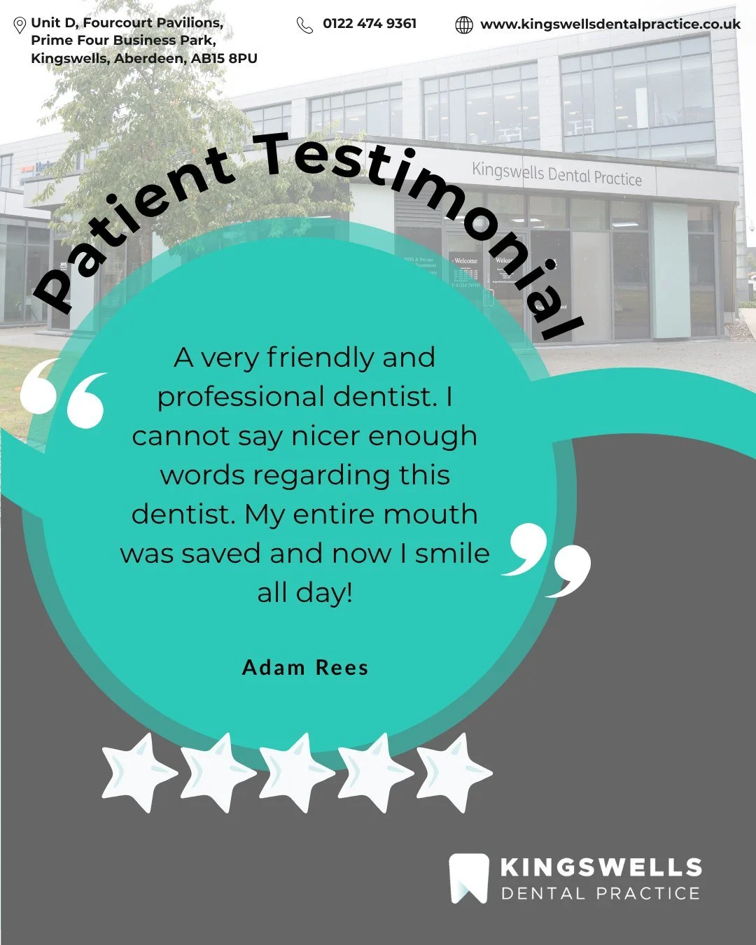 &ldquo;Now I smile all day.&rdquo; ⭐

Thank you Adam for your kind words, we&rsquo;re so pleased we could help restore your smile and confidence.

At Kingswells Dental Practice, it&rsquo;s not just about treatment... it&rsquo;s about helping you feel
