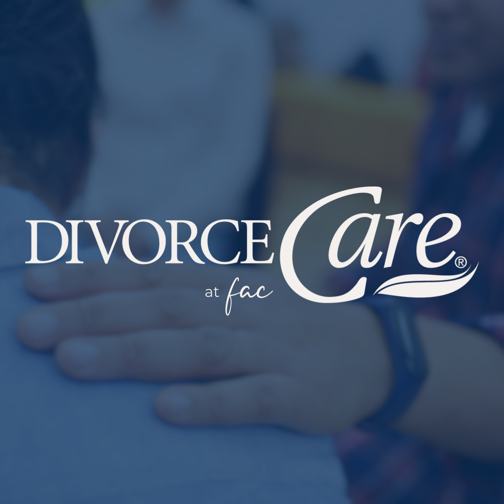 DivorceCare logo on a blue image of a person's hand on another person's shoulder, signifying the support provided through DivorceCare at FAC.