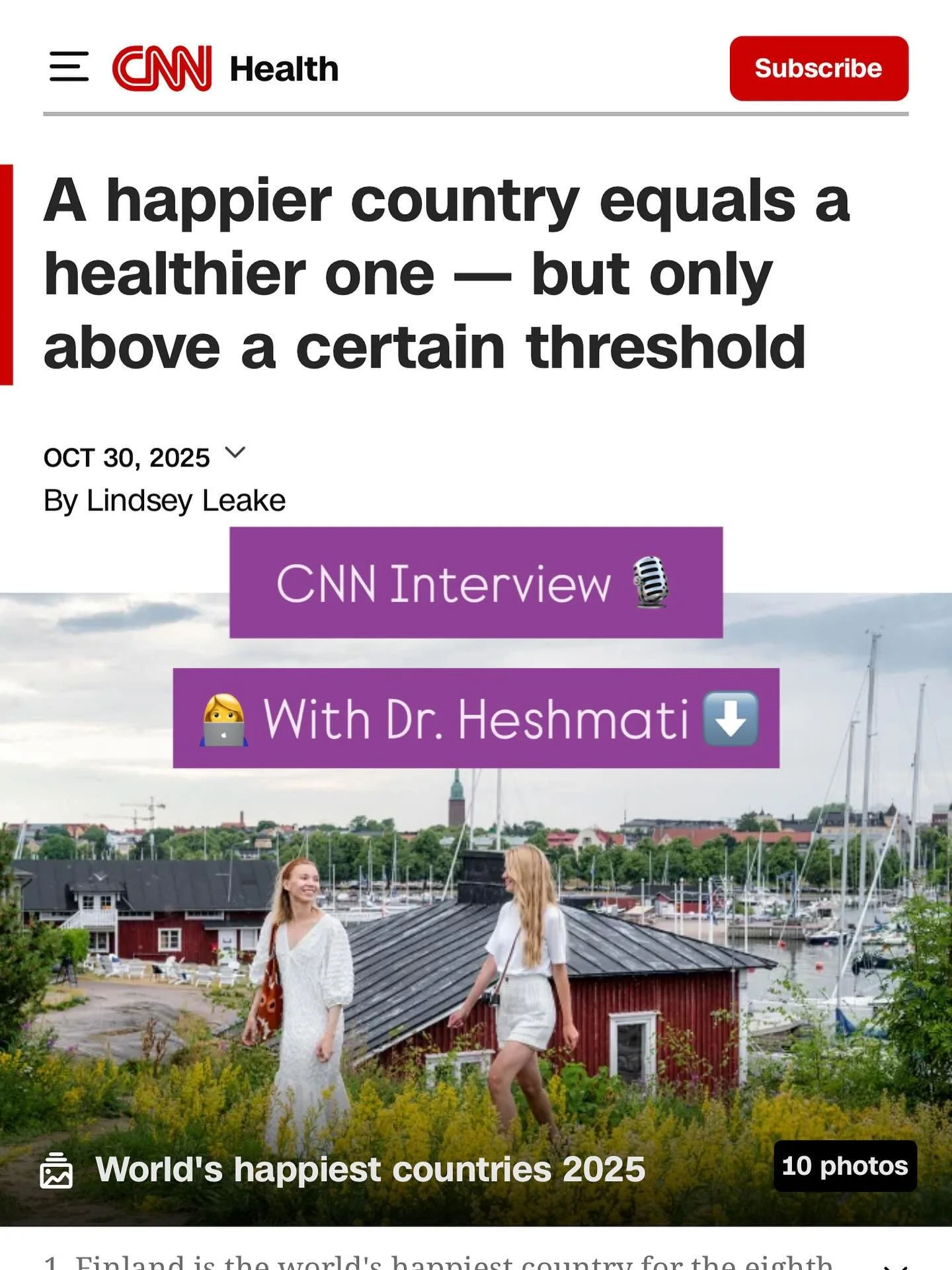 In this @cnn interview, Dr. Saida Heshmati along with Dr. Sonja Lyubomirsky, experts in the psychology of happiness and well-being, weigh in on recent research assessing a national &ldquo;happiness threshold&rdquo; linked to preventing chronic illnes