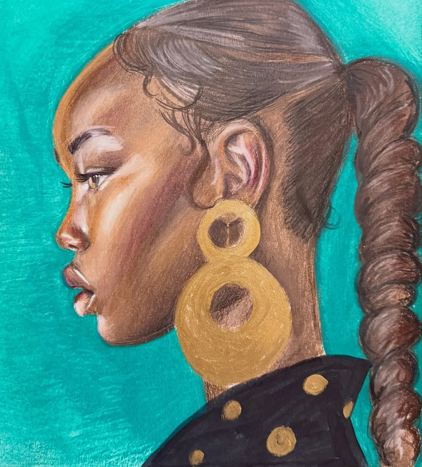 This is your casual reminder to trust the process and stick with your drawings, even through the weird stages. Done in colored pencils with black marker for her shirt and gold marker for her earrings and shirt. Love the way the green pops the colors 